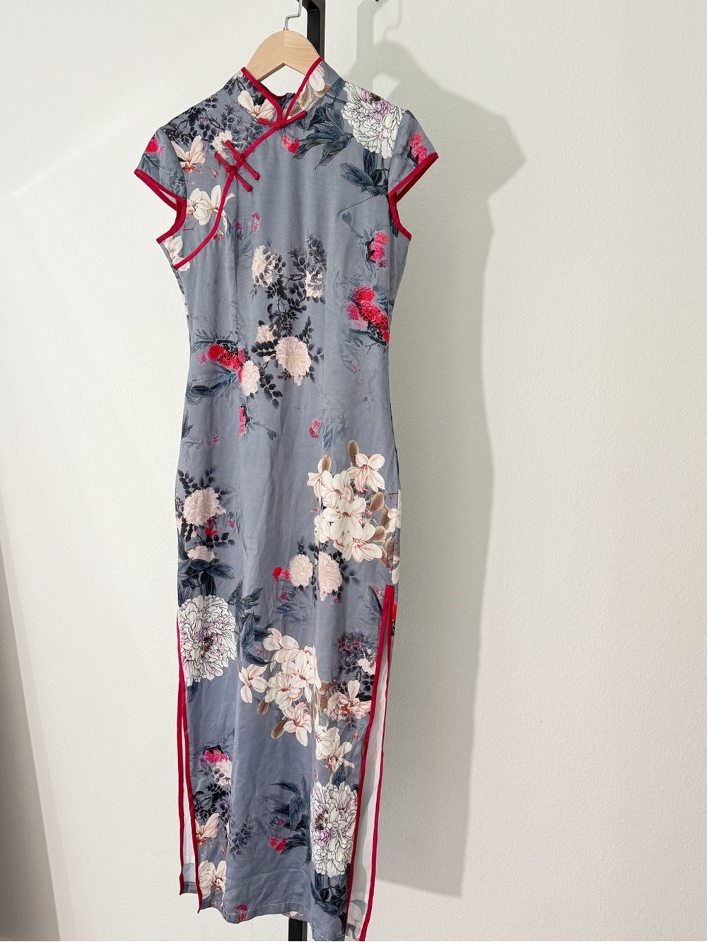 Vintage Floral Mandarin Collar Maxi Dress XS-S Gray Pink Wedding Guest Dress